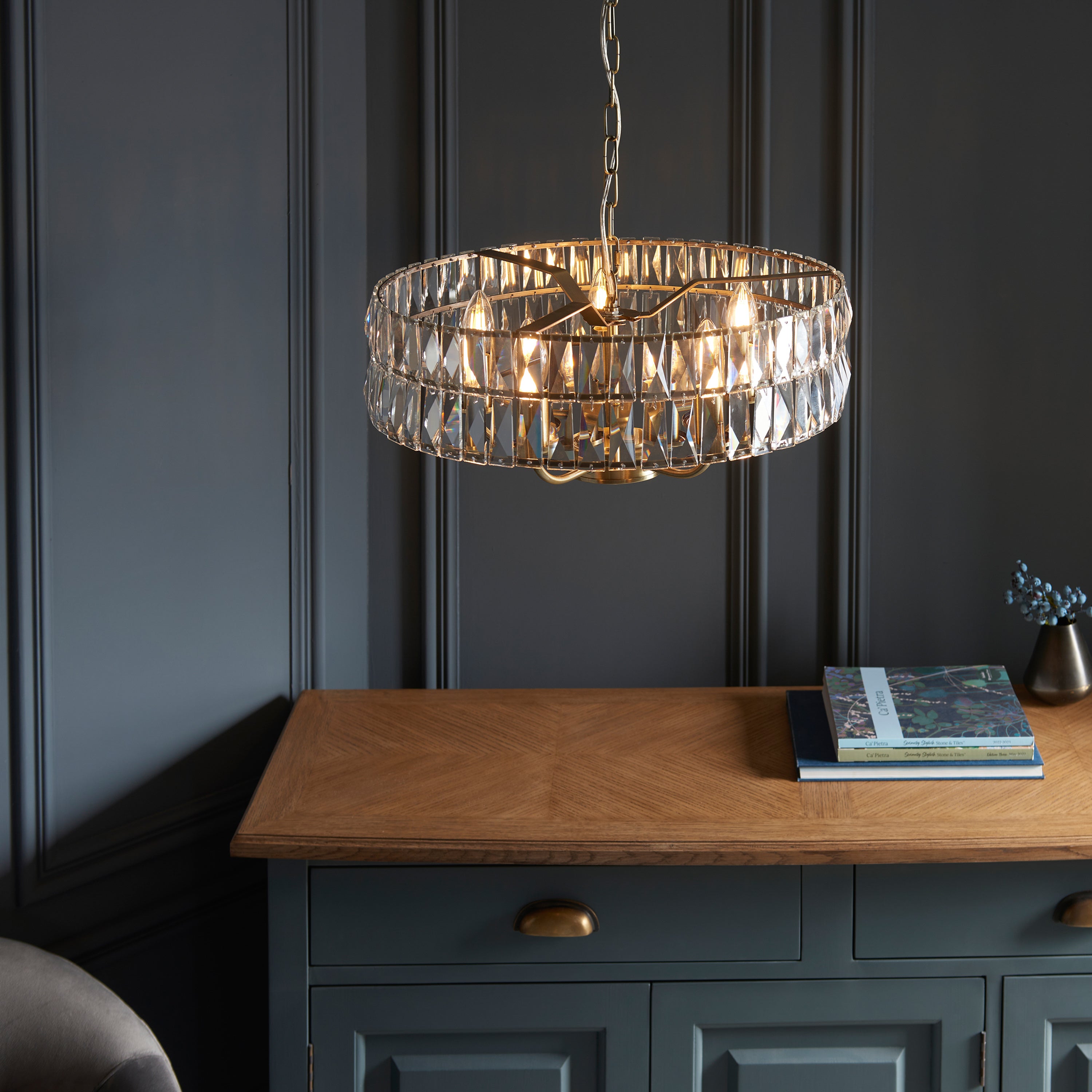 Albion Antique Brass & Crystal Glass Pendant Light | Large